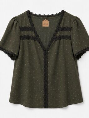 Olive Green Lace-Trim Short Sleeve Top
